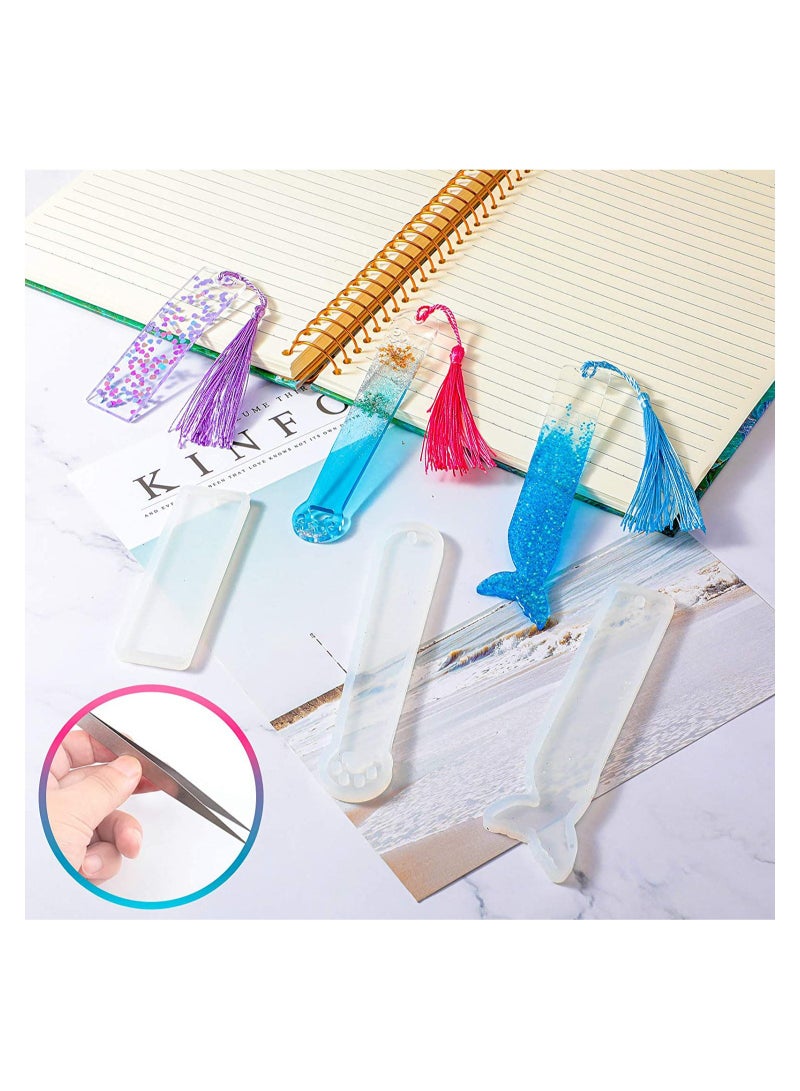 10 Pieces Silicone Bookmark Resin Mold DIY Bookmark Mould Epoxy Resin Casting Mold in 10 Cute Styles with 20 Pieces Random Color Tassels Craft, 20 Finger Cots and 1 Pcs Tweezers for DIY Craft - Image 3